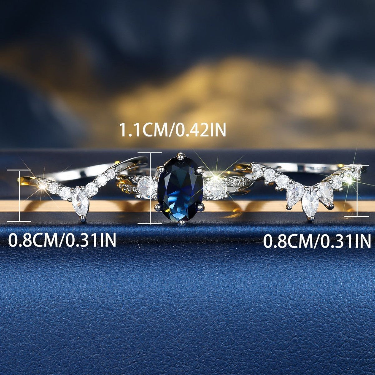 Platinum Egg-shaped Sapphire Blue Diamond Water Drop Shining Three-piece Unique Ring