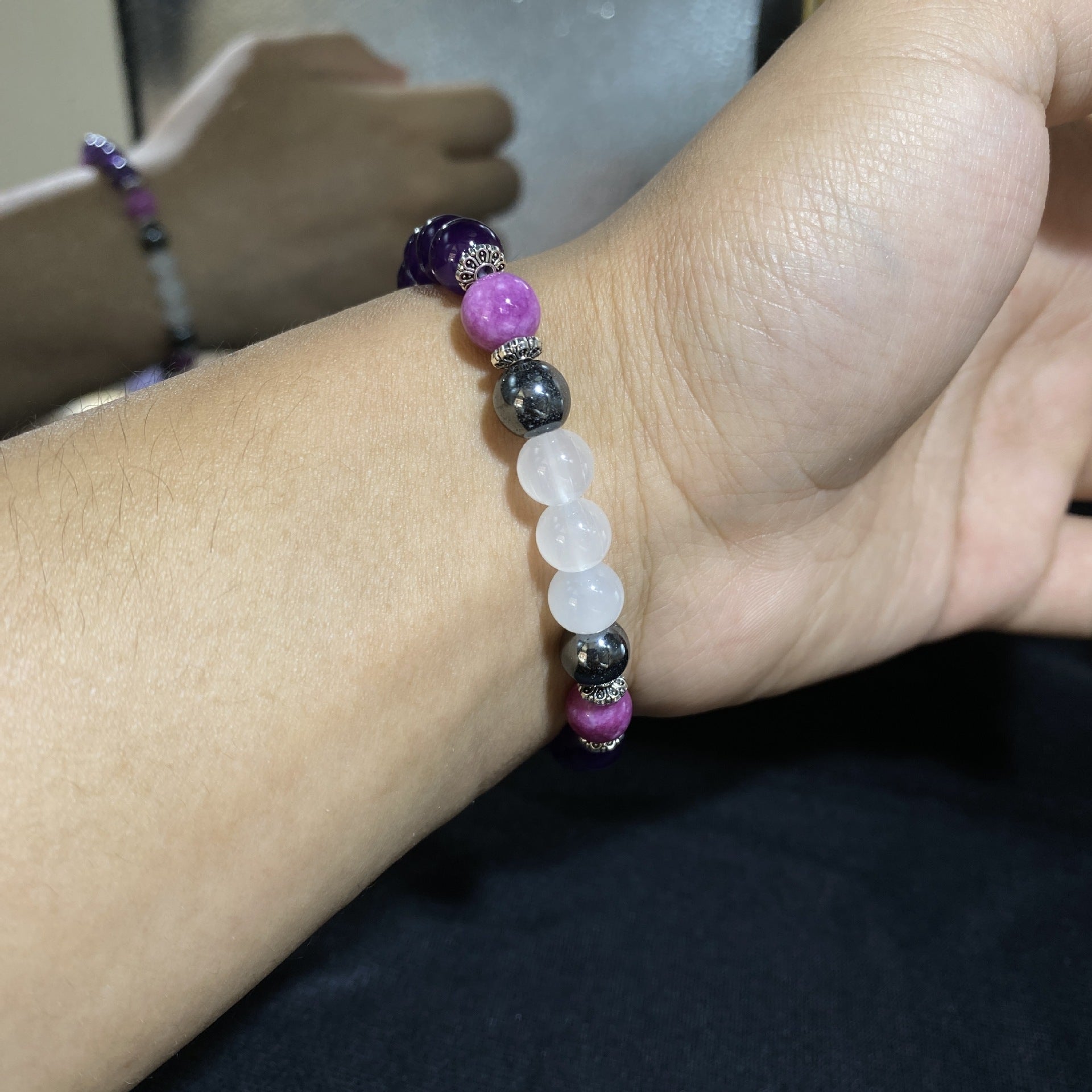 Amethyst Purple Mica Hematite White Crystal Bracelet